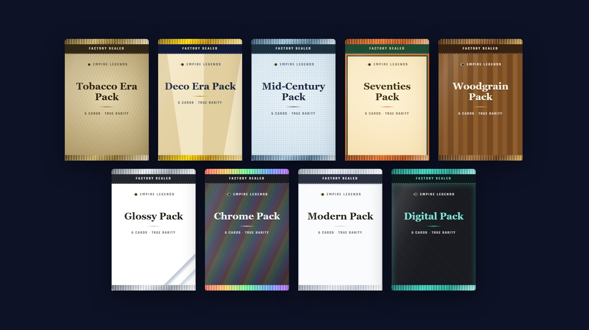 The nine era packs on a shelf, Tobacco Era to Digital
