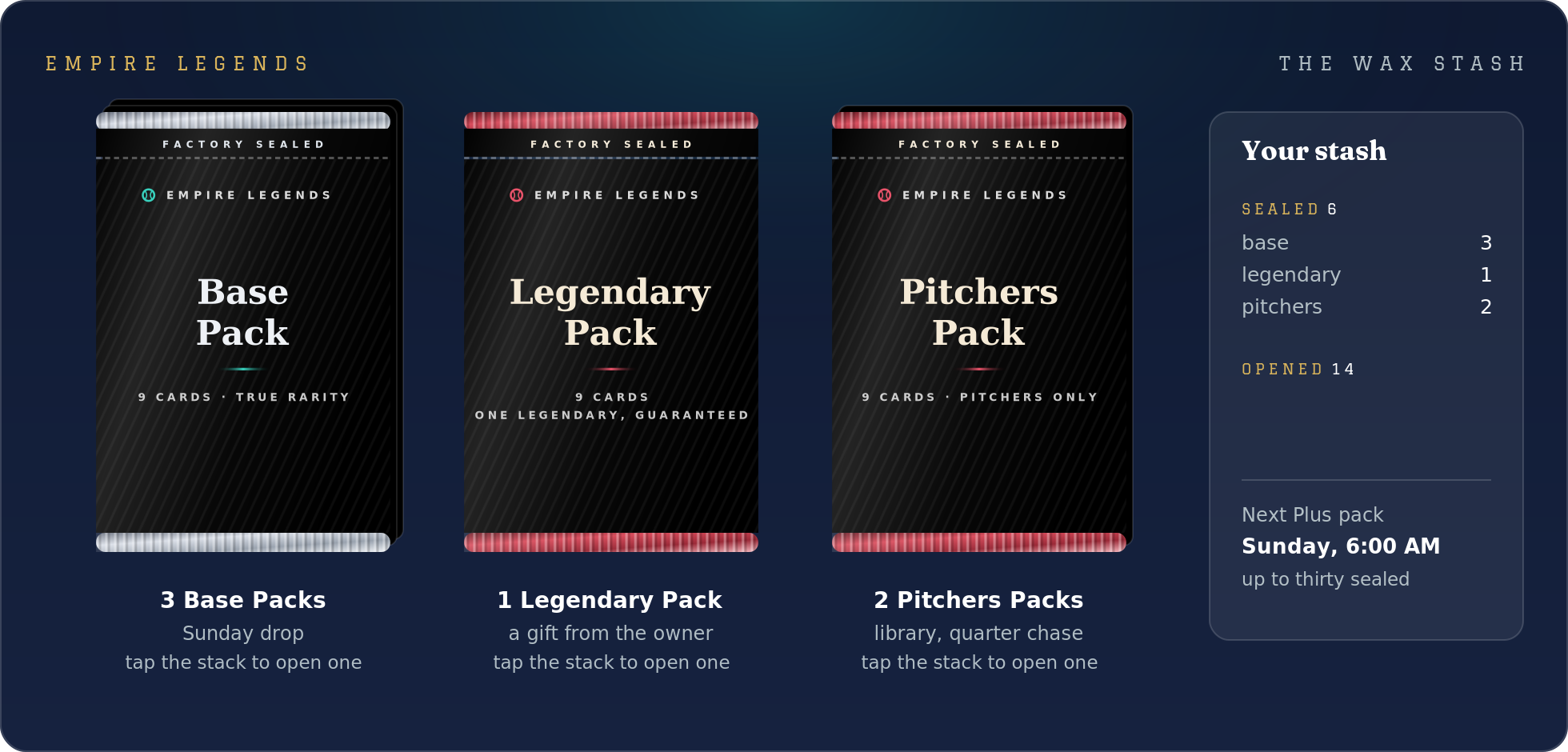 The Wax Stash: three stacks of sealed packs and the tray